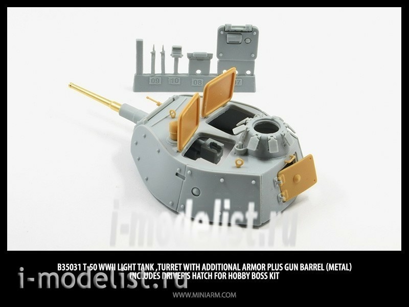 B35031 Miniarm 1/35 T-50(light tank of the second world war), Tower with extra booking (incl. turning the barrel) plus the driver hatch