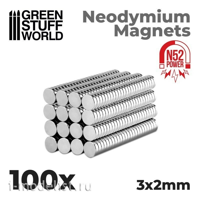 9264 Green Stuff World Neodymium Magnets 3 x 2 mm (100 pcs) (N52) / Neodymium Magnets 3x2mm - 100 units (N52)