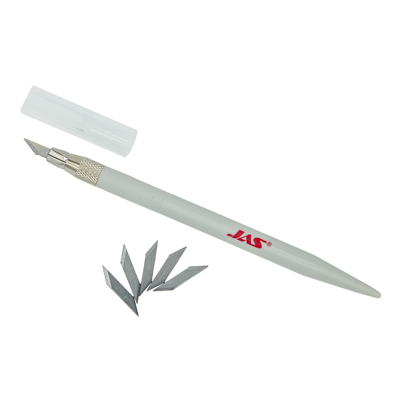 4022 Jas Knife with a collet Chuck, soft grip handle. 6 spare blades.