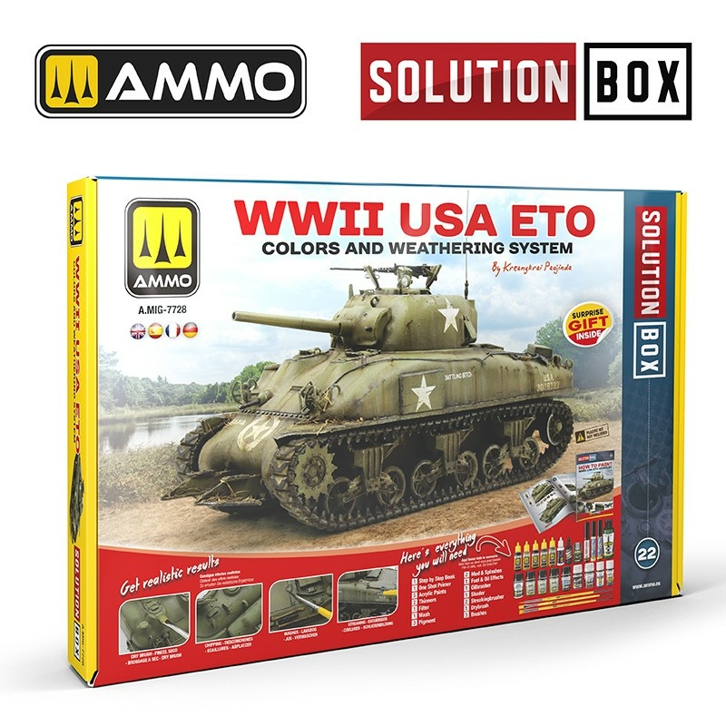 AMIG7728 Ammo Mig Набор SOLUTION BOX 22 – WWII USA ETO. Цвета и система везеринга / Colors and Weathering System