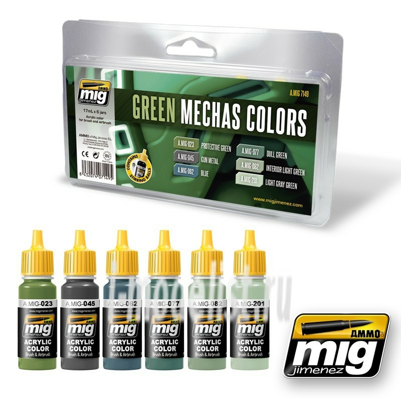 AMIG7149 Ammo Mig acrylic paint Set GREEN MECHAS COLORS (green bellows)