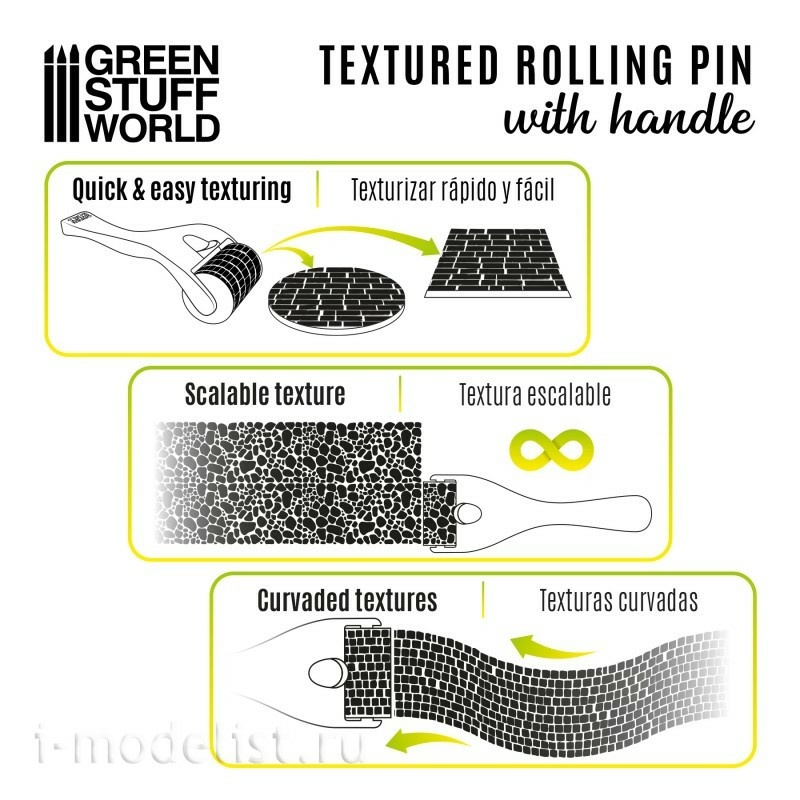 10494 Green Stuff World Sidewalk Texture Roller, 15mm / Rolling pin with Handle - Sett Pavement 15mm
