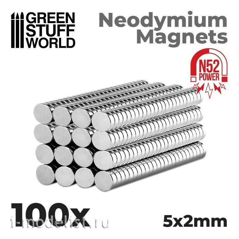 9265 Green Stuff World Neodymium Magnets 5 x 2 mm (100 pcs) (N52) / Neodymium Magnets 5x2mm - 100 units (N52)