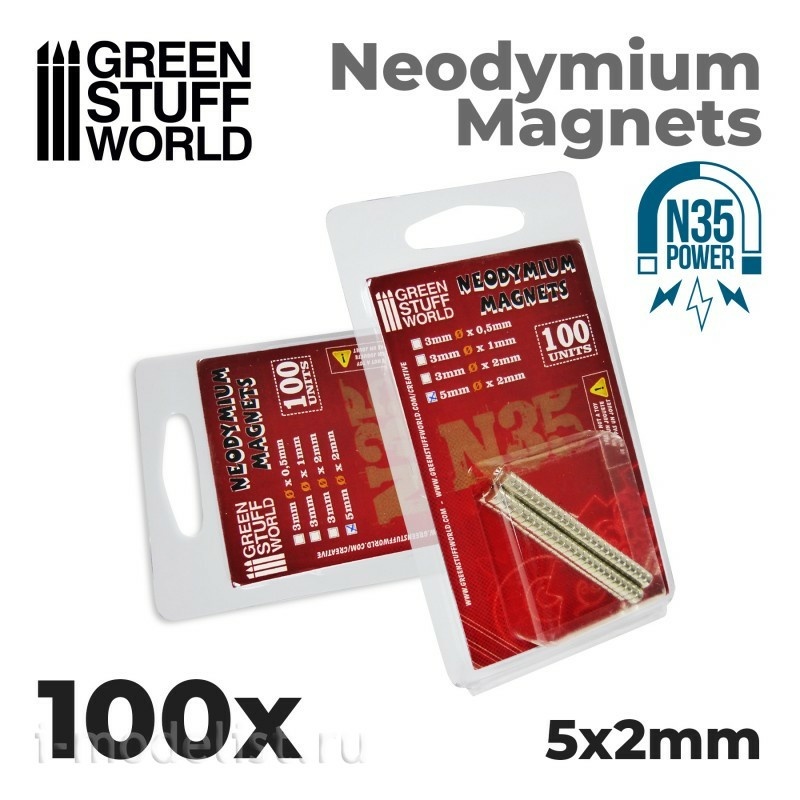 9063 Green Stuff World Neodymium Magnets 5 x 2 mm (100 pcs) (N35) / Neodymium Magnets 5x2mm - 100 units (N35)