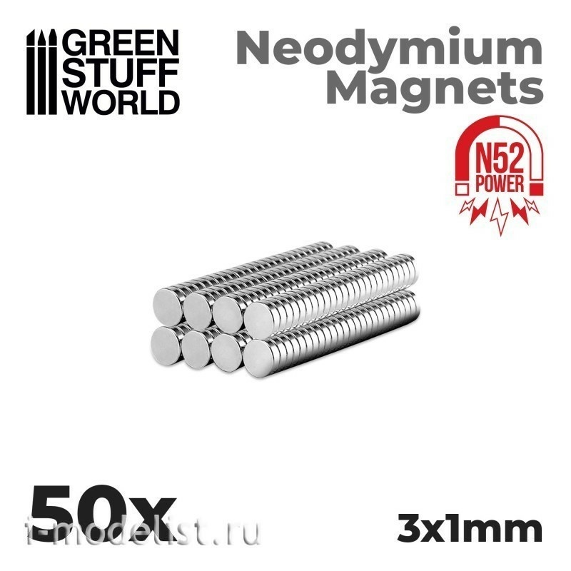 9259 Green Stuff World Neodymium Magnets 3 x 1mm (50pcs) (N52) / Neodymium Magnets 3x1mm - 50 units (N52)