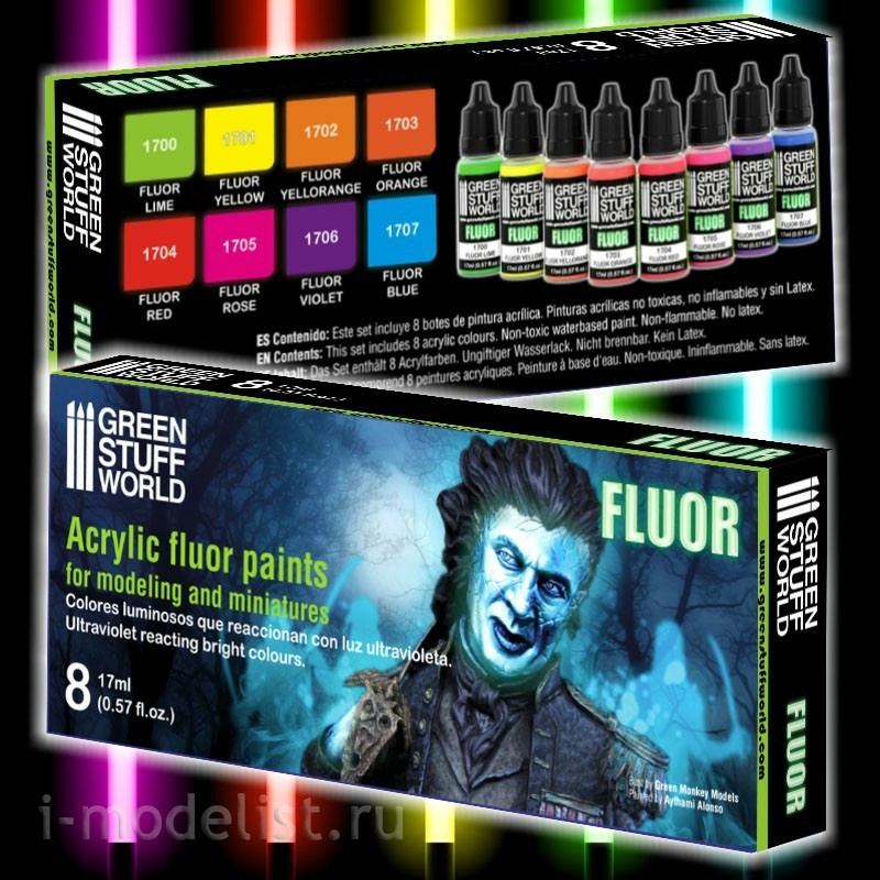 9353 Green Stuff World Set of 8 Fluorescent Paints / Set x8 Fluor Paints