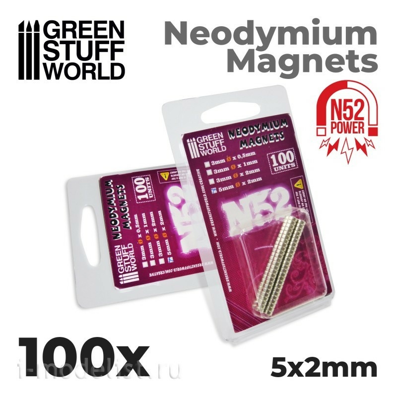 9265 Green Stuff World Neodymium Magnets 5 x 2 mm (100 pcs) (N52) / Neodymium Magnets 5x2mm - 100 units (N52)