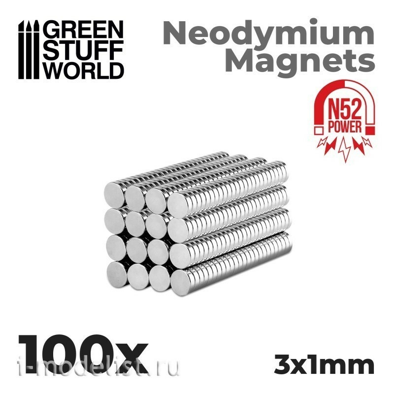 9263 Green Stuff World Neodymium Magnets 3 x 1 mm (100 pcs) (N52) / Neodymium Magnets 3x1mm - 100 units (N52)