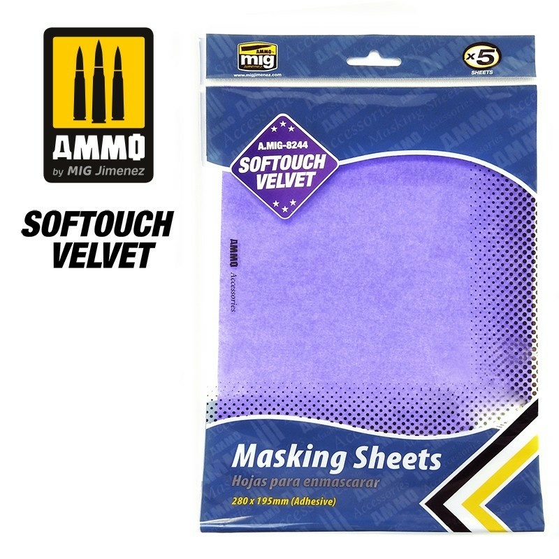 AMIG8244 Ammo Mig Бархатные маскирующие листы Softouch / Velvet Softouch Masking Sheets (5 листов, 280 x 195 мм, клейкое вmoreство)