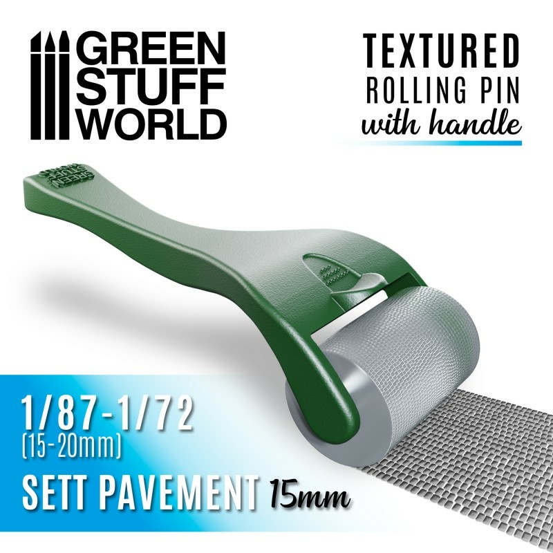 10494 Green Stuff World Sidewalk Texture Roller, 15mm / Rolling pin with Handle - Sett Pavement 15mm