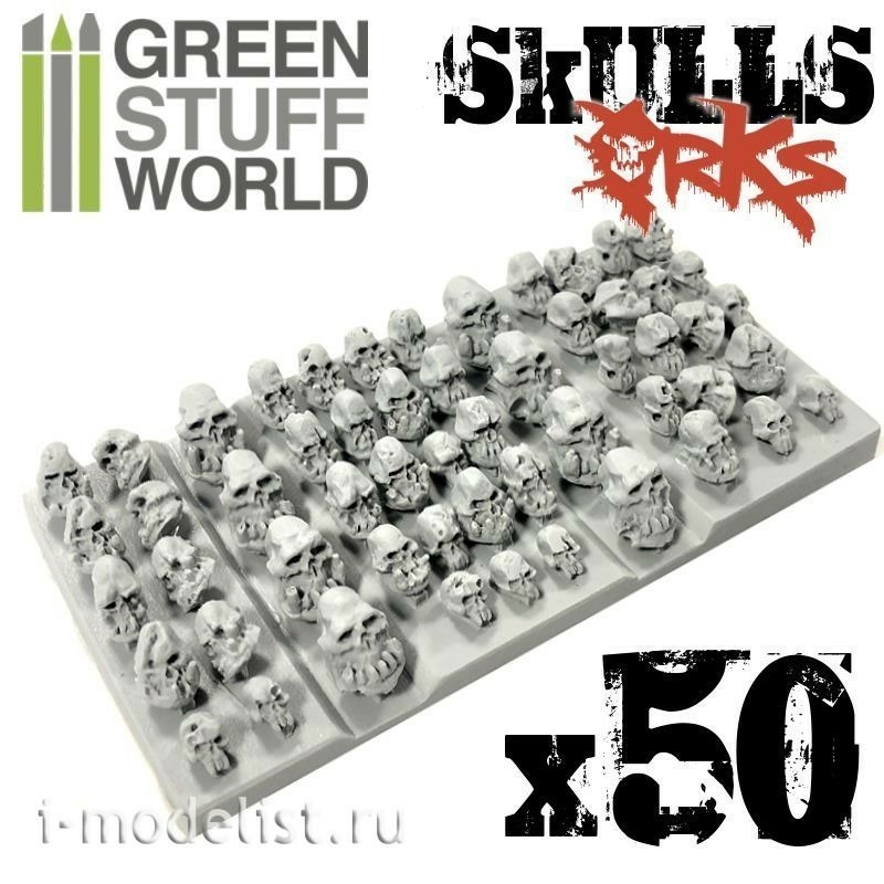 1387 Green Stuff World Resin Orc Skull Set 50pcs / 50x Resin ORK Skulls