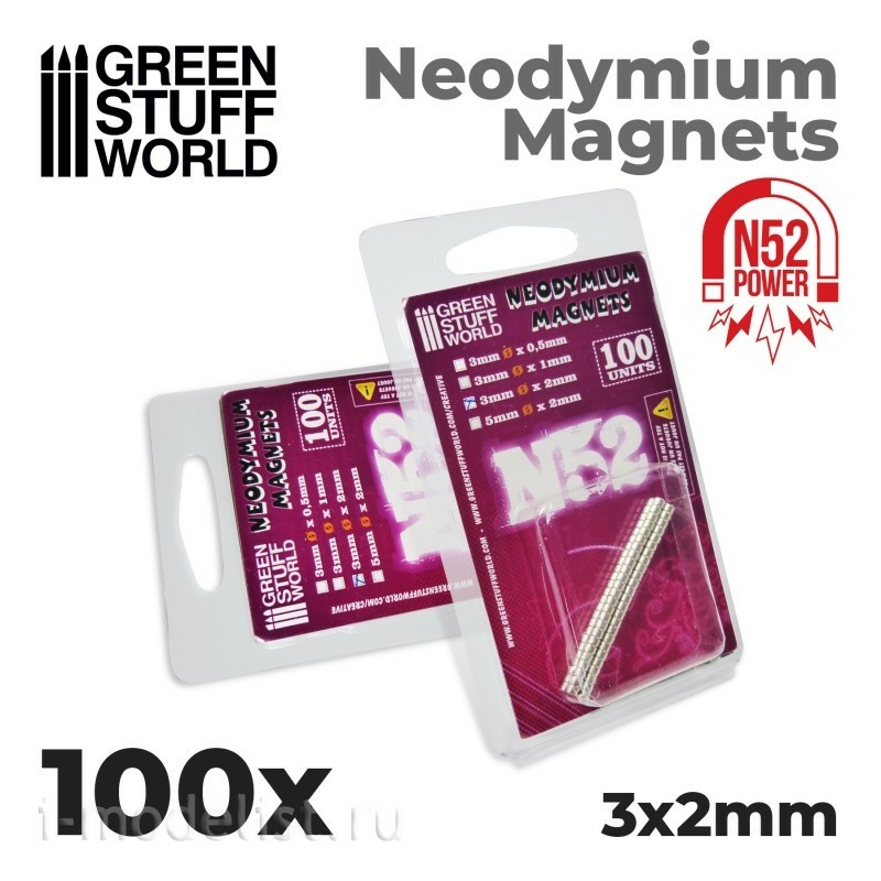 9264 Green Stuff World Neodymium Magnets 3 x 2 mm (100 pcs) (N52) / Neodymium Magnets 3x2mm - 100 units (N52)