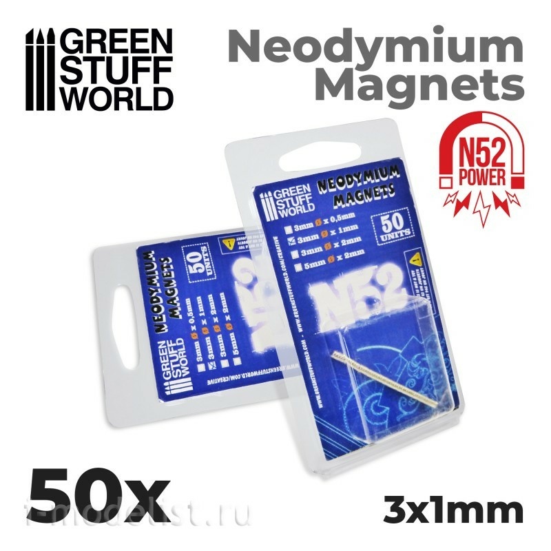 9259 Green Stuff World Neodymium Magnets 3 x 1mm (50pcs) (N52) / Neodymium Magnets 3x1mm - 50 units (N52)