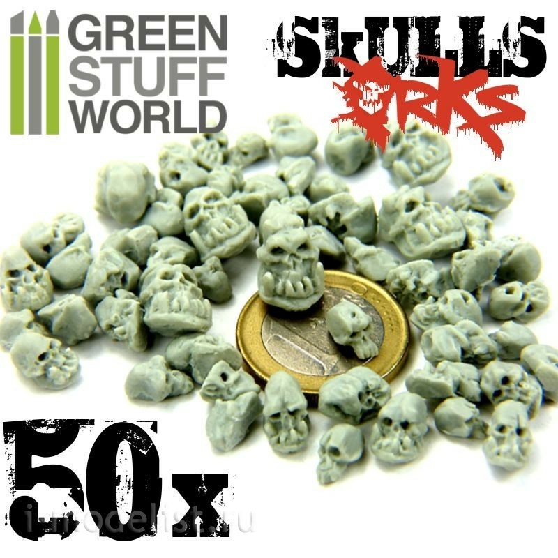 1387 Green Stuff World Resin Orc Skull Set 50pcs / 50x Resin ORK Skulls