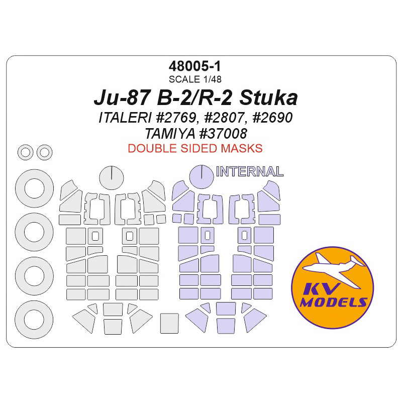 48005-1 KV Models 1/48 Ju-87 B-2/R-2 Stuka (ITALERI #2769, #2807, #2690 / TAMIYA #37008) - (Двусторонние маски) + маски на диски и колеса