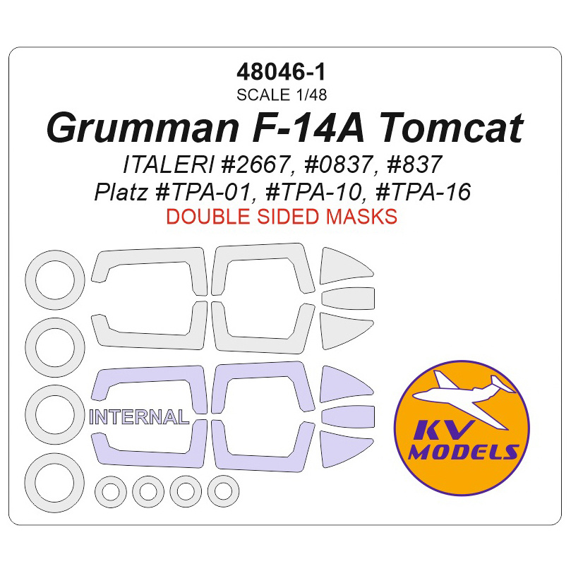 48046-1 KV Models 1/48 Grumman F-14A Tomcat (ITALERI #2667, #0837, #837 / Platz #TPA-01, #TPA-10, #TPA-16) - (двусторонние маски) + маски на диски и колеса