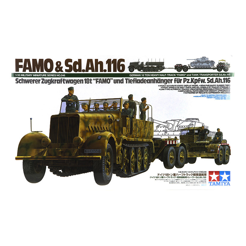 35246 Tamiya 1/35 German 18-TON Heavy Half-truck “FAMO” and Tank Transporter Sd.AH116 German eighteen ton semi-track tractor with trailer and eight figures