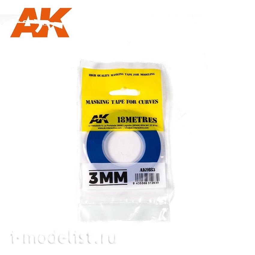 AK9183 AK Interactive Adhesive TAPE FOR BENDS, 3MM / MASKING TAPE FOR CURVES 3MM