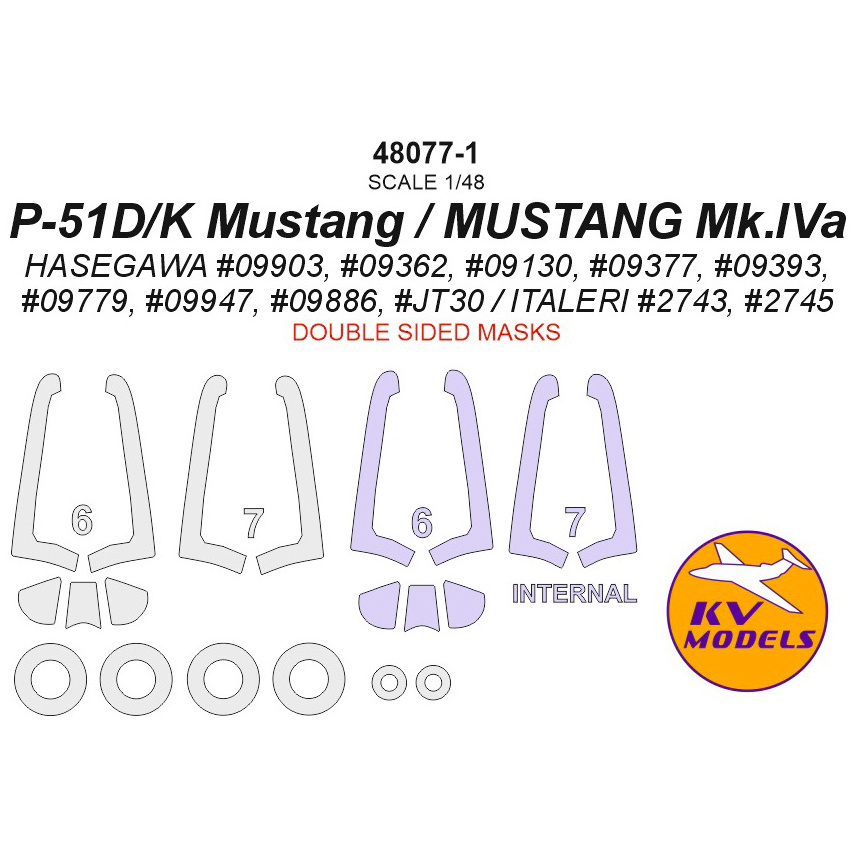 48077-1 KV Models 1/48 Paint Mask for P-51D/K Mustang / MUSTANG Mk.IVA - double-sided masks + wheel masks