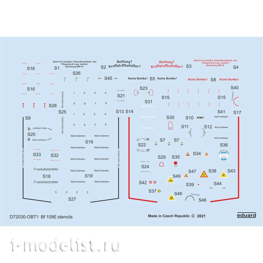 D72030 Eduard 1/72 Decal for Bf 109E Technical Lettering
