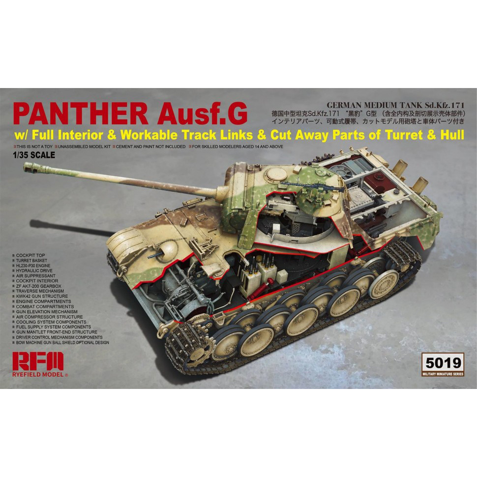 RM-5019 Rye Field Model 1/35 PANTHER AUSF.G SD.KFZ.171 W/FULL INTERIOR & WORKABLE TRACK LINKS & CUT AWAY PARTS OF TURRET & HULL