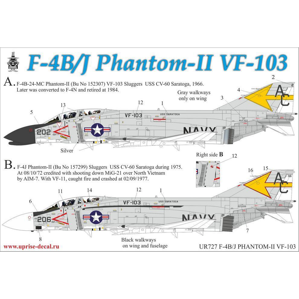 UR727 Sunrise 1/72 Decal for F-4B/J Phantom-II VF-103, without stencil