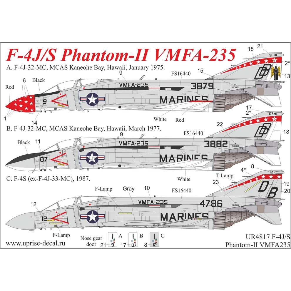 UR4817 Sunrise 1/48 Decal for F-4J/S Phantom-II VMFA-235, without tech. inscriptions