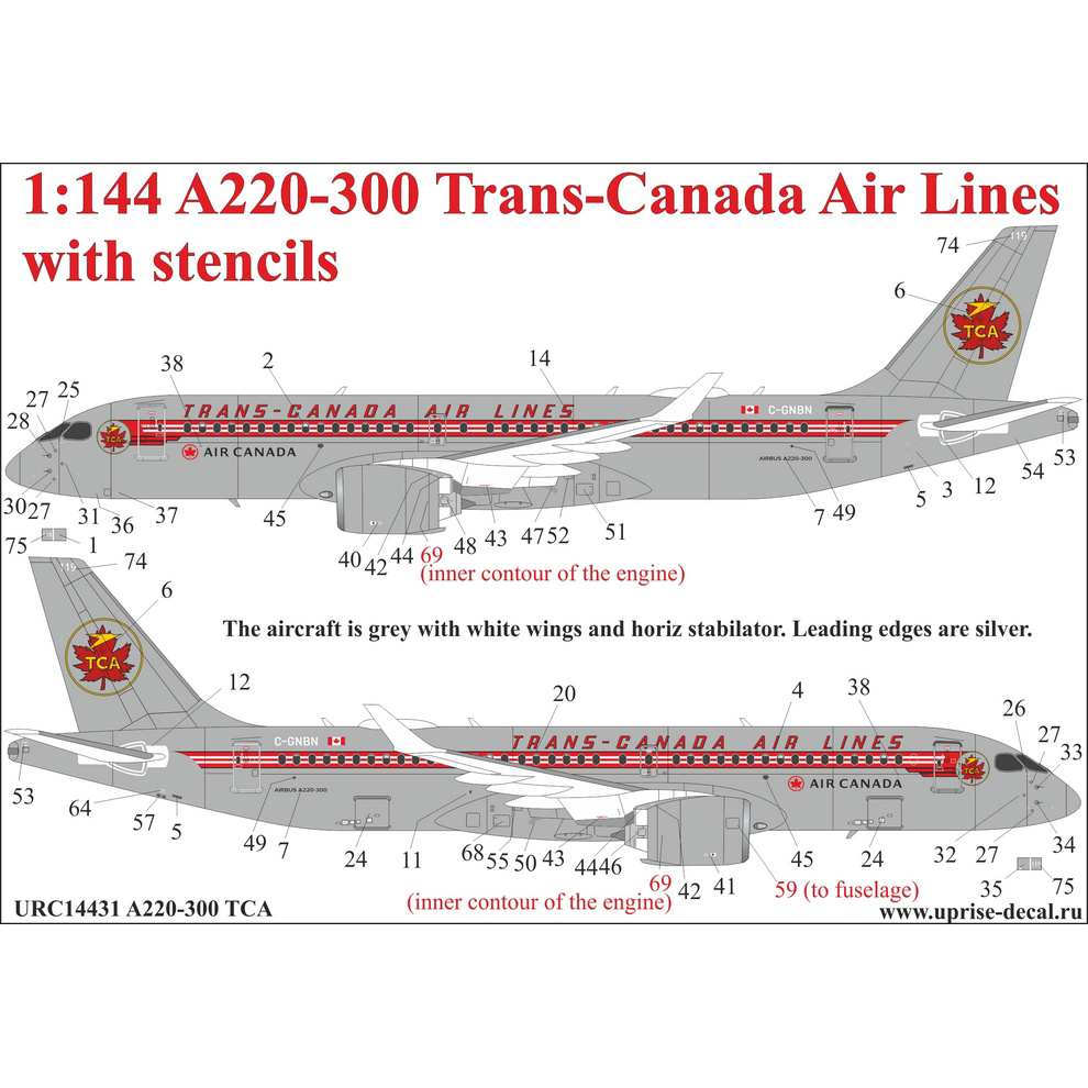 URC14431 Sunrise 1/144 Decal for Airbus A220-300 Trans Canada Air Lines Retro Airliner