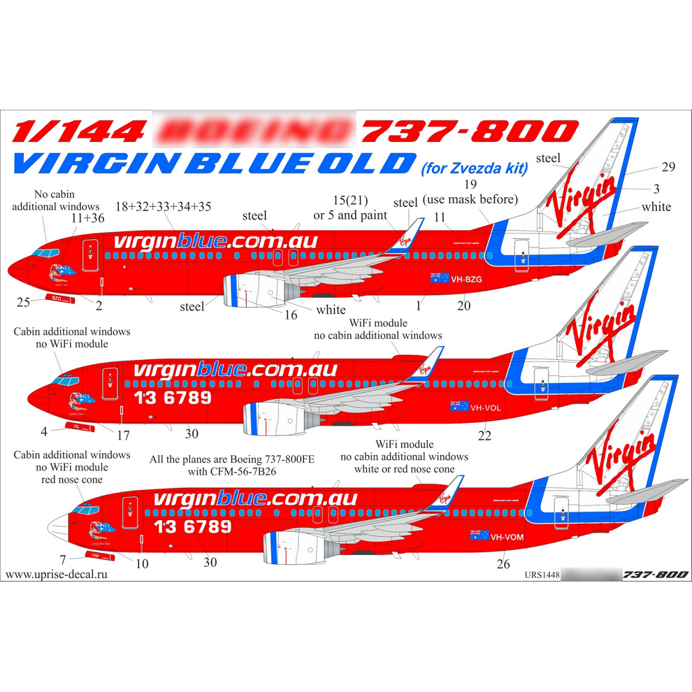 URS1448 Sunrise 1/144 Decals for 737-800 Virgin Blue Old with stencil and masks for the Zvezda model (canopy and wheels)
