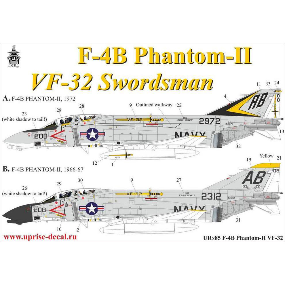 UR485 Sunrise 1/48 Decal for F-4B Phantom-II VF-32, without those. inscriptions