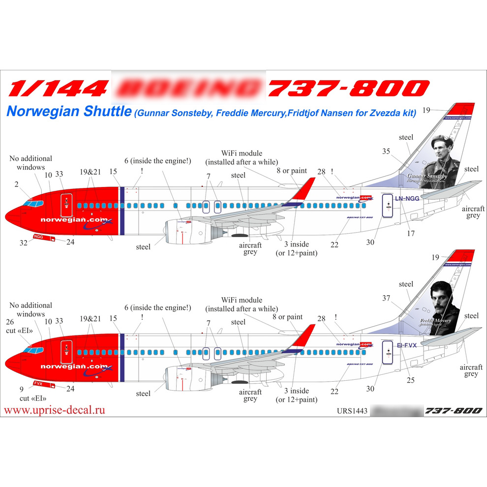 URS1443 SUNRISE 1/144 Decals for 737-800 Norwegian Shuttle LN-NGG (Gunnar Sonsteby) with stencil