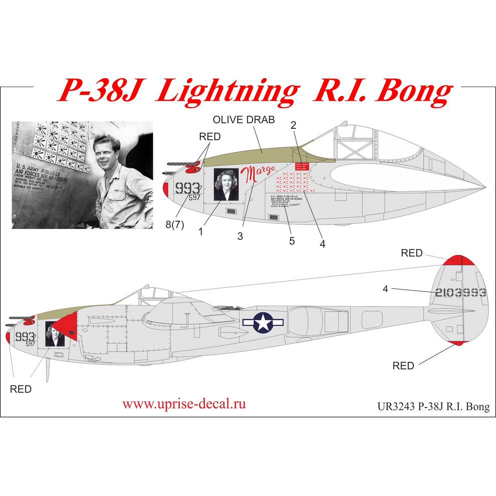 UR3243 Sunrise 1/32 Decal for P-38J Lightning, with a full set of tech. inscriptions