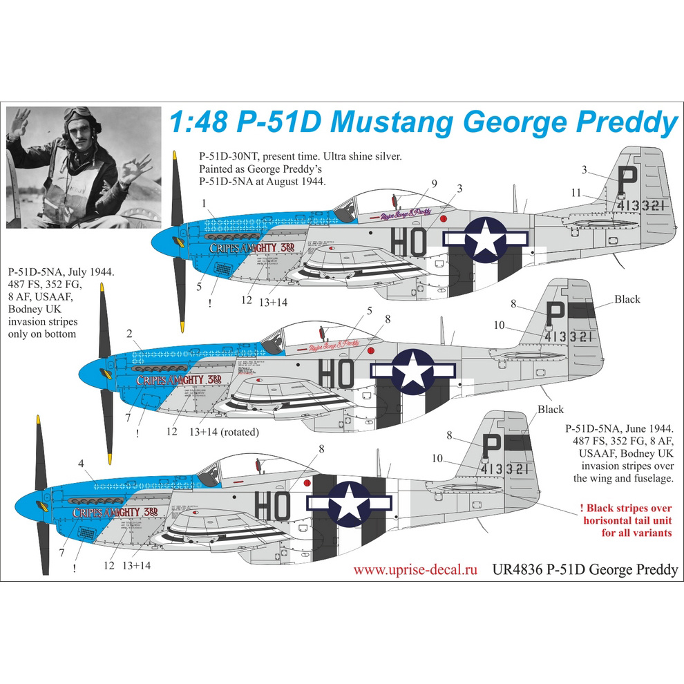 UR4836 Sunrise 1/48 Decal for P-51D-5/30 Mustang George Preddy, since. inscriptions