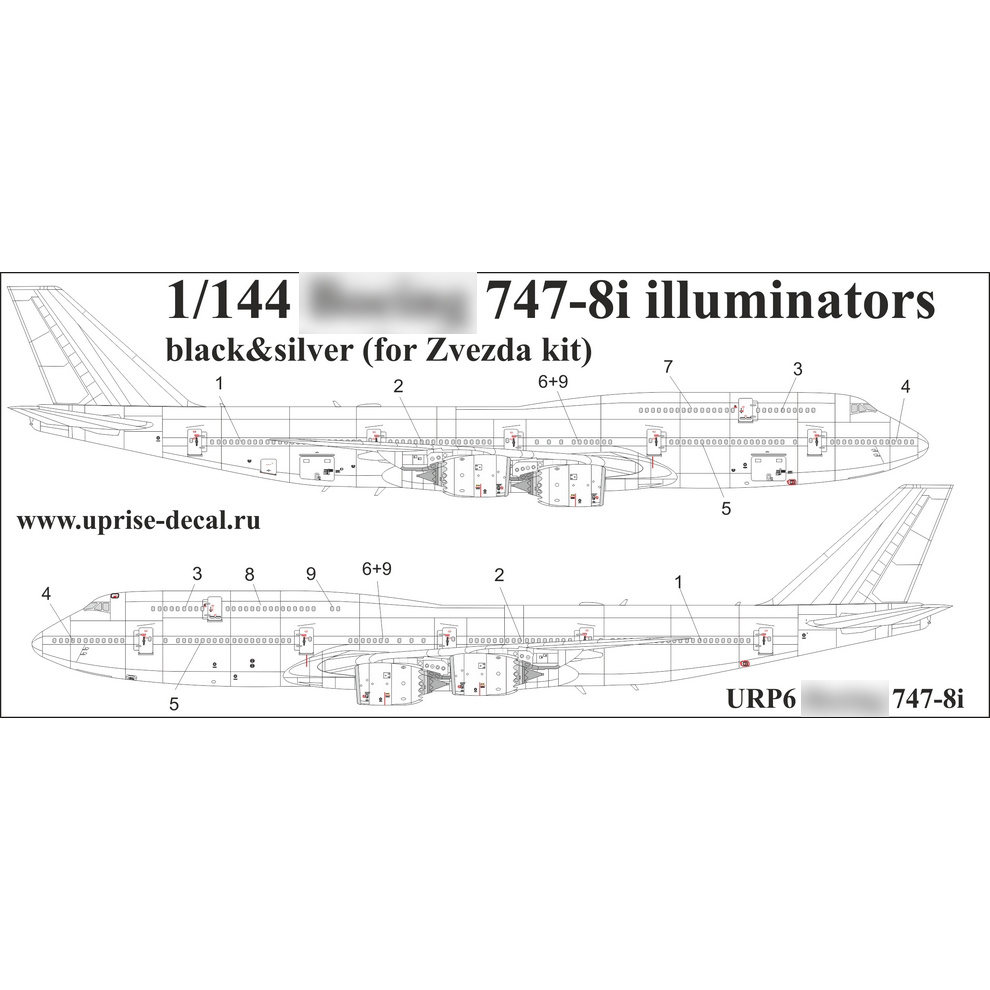 URP6 Sunrise 1/144 Decal for 747-8i airliner, portholes, black