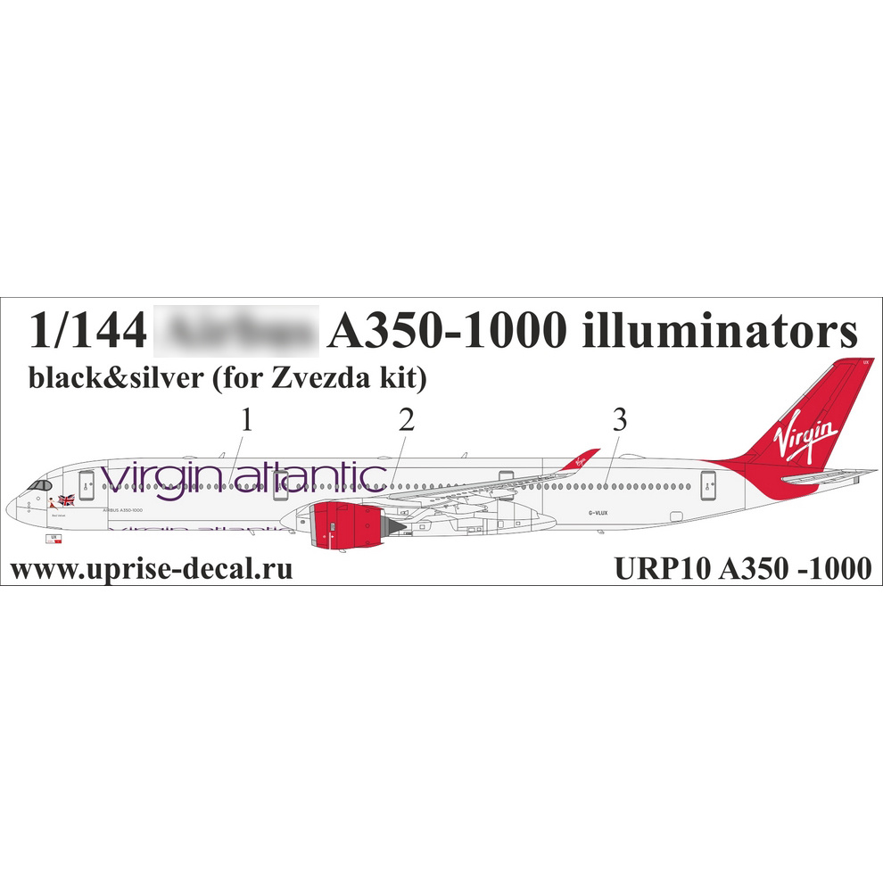 URP10 Sunrise 1/144 Decal for A350 airliner, portholes, black