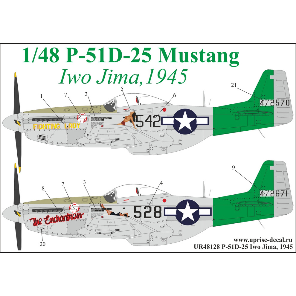 UR48128 Sunrise 1/48 Decal for P-51D-25 Mustang Iwo Jima, 1945, without those. inscriptions
