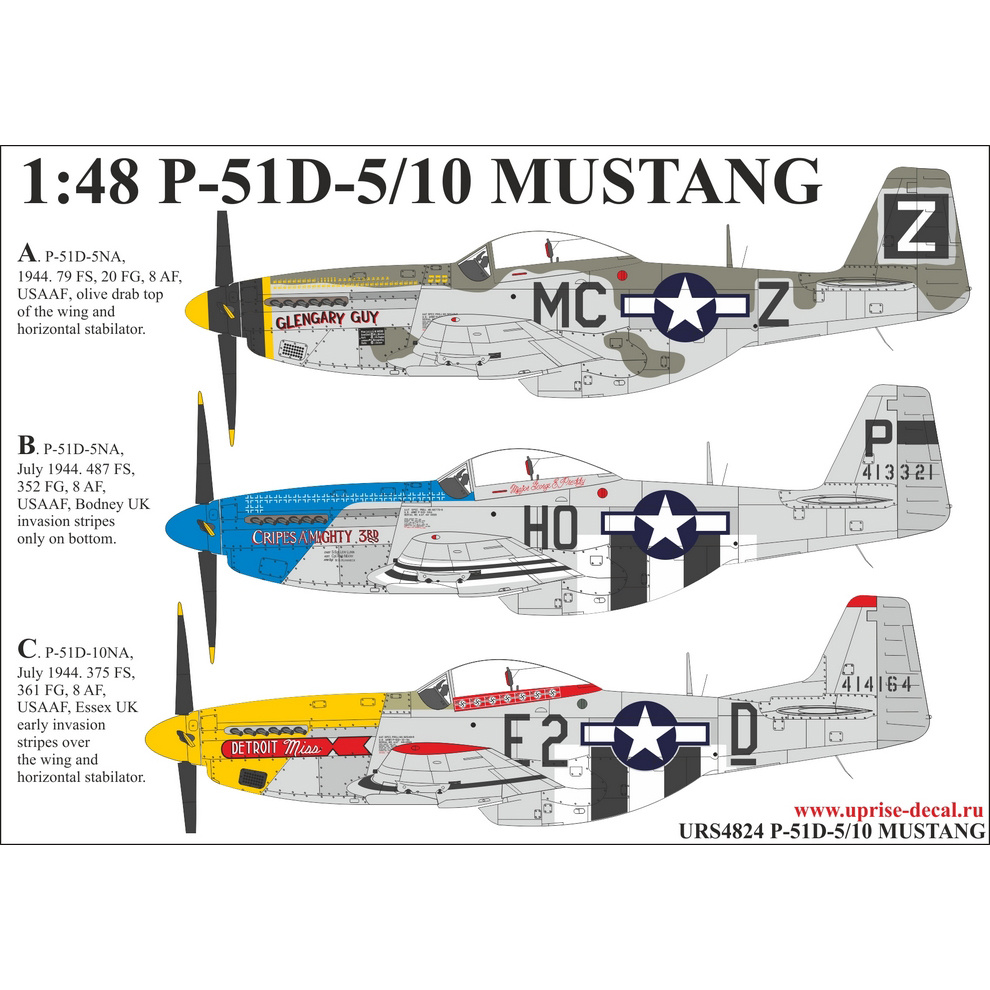 URS4824 SUNRISE 1/48 Decal for P-51D-5/10 MUSTANG with insignia, without stencil