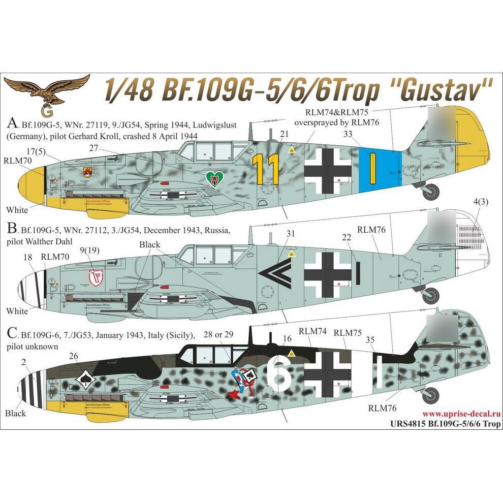 URS4815 Sunrise 1/48 Decal for Bf.109G-5/6/6 Trop without stencil + mask for the 