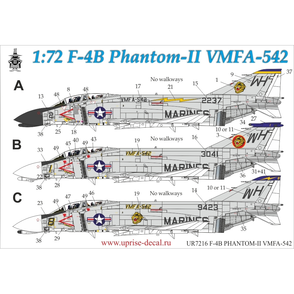 UR7216 Sunrise 1/72 Decal for F-4B Phantom-II VMFA-542, without stencil