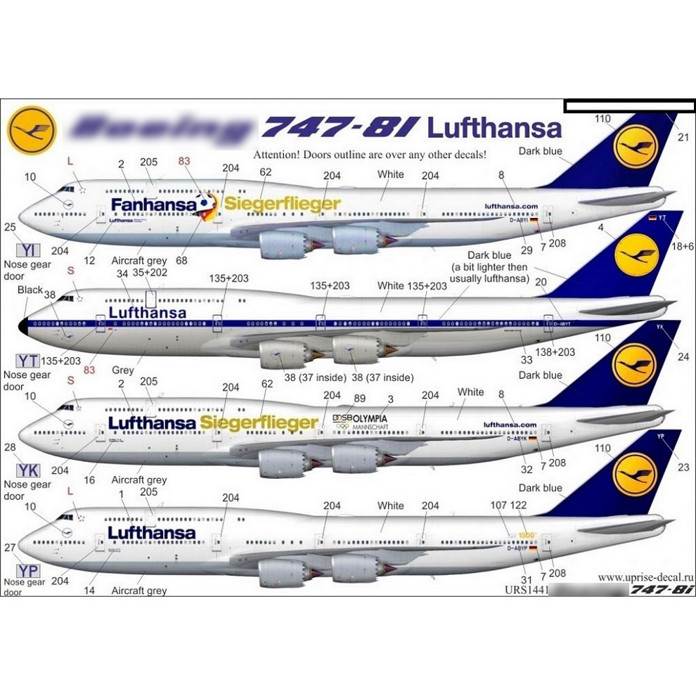 URS1441 Sunrise 1/144 Decals for Boeing 747-8i Old Lufthansa with Retro for the Zvezda model with stencil and mask (canopy&wheels)